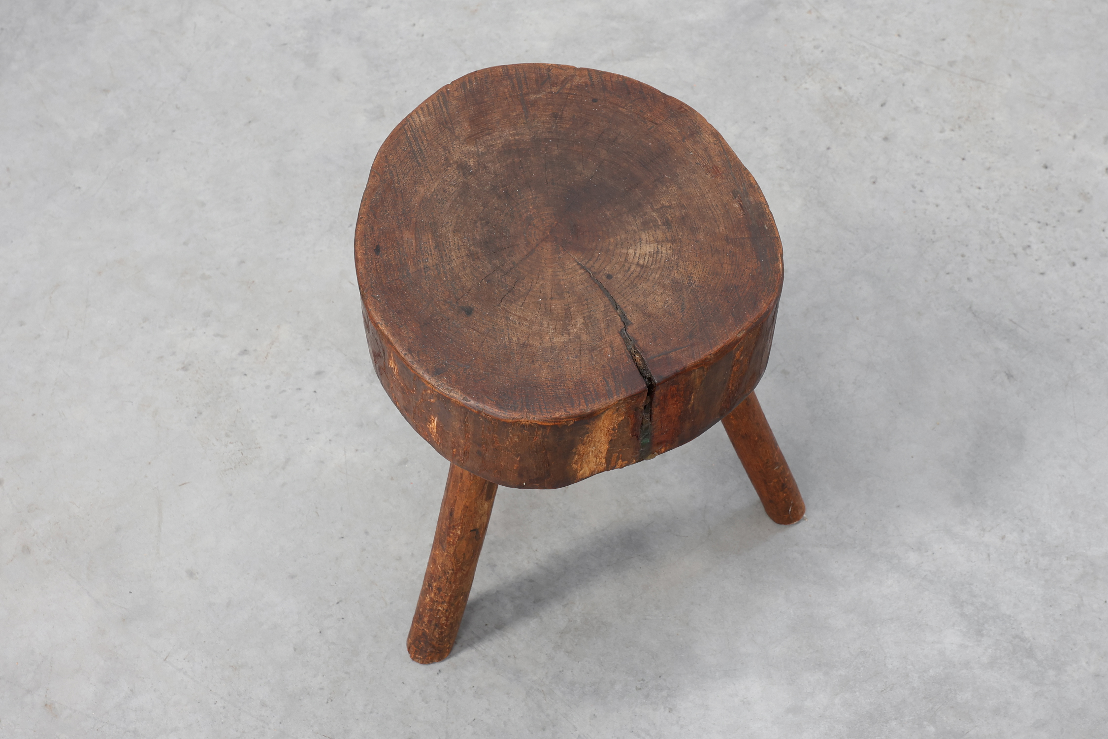 Rustic Oak Tripod Stool with Chunky Round Wooden Seat, France, circa 1920thumbnail